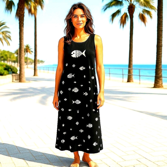 SUNDRESS UNDERSEA FISH VINTAGE Marine Life VINTAGE DRESS BARN BEACH RESORT SZ 12 - Picture 1 of 5